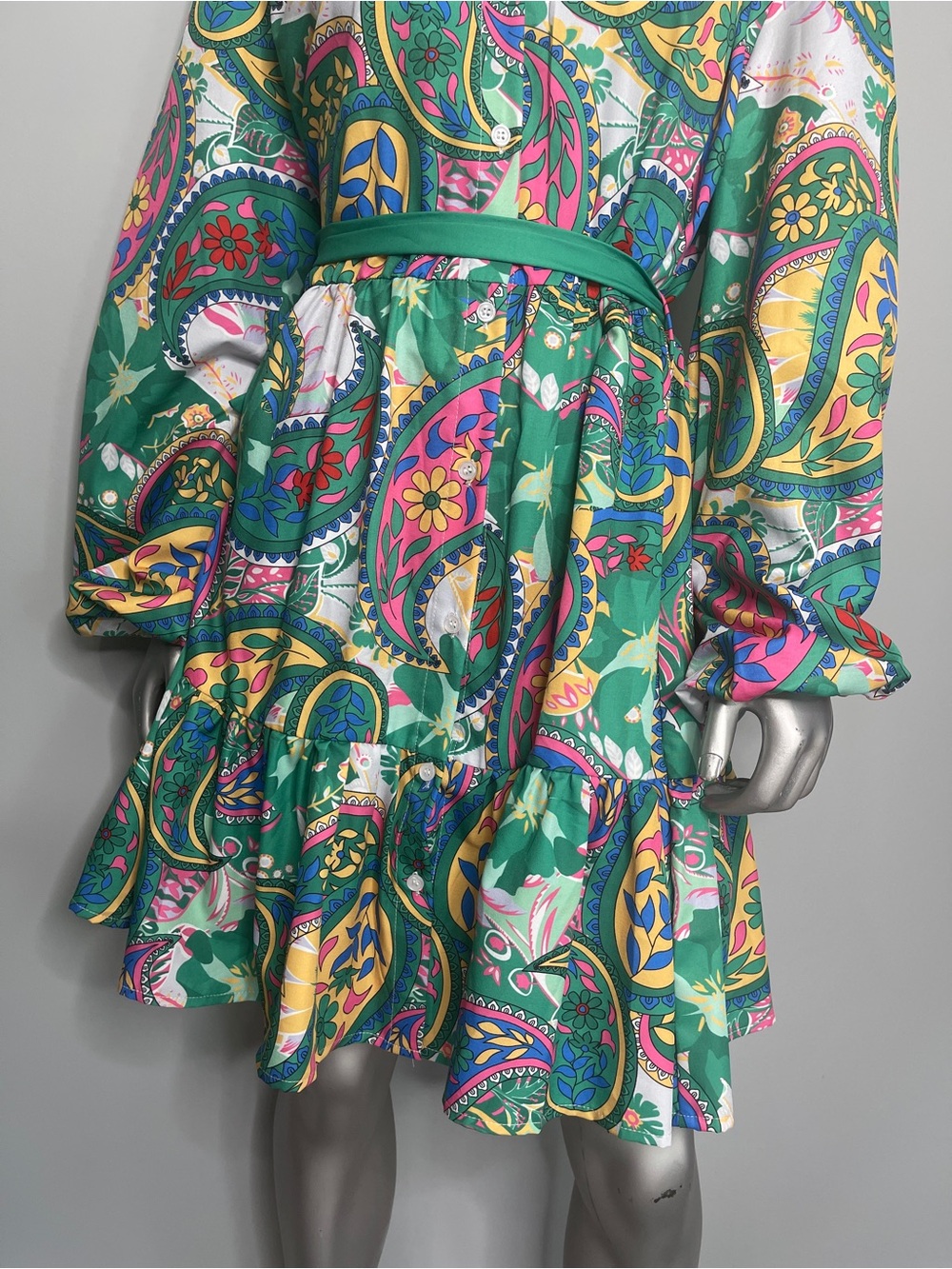 Green Paisley Tie Waist Long Sleeve Dress - Picture 3 of 10